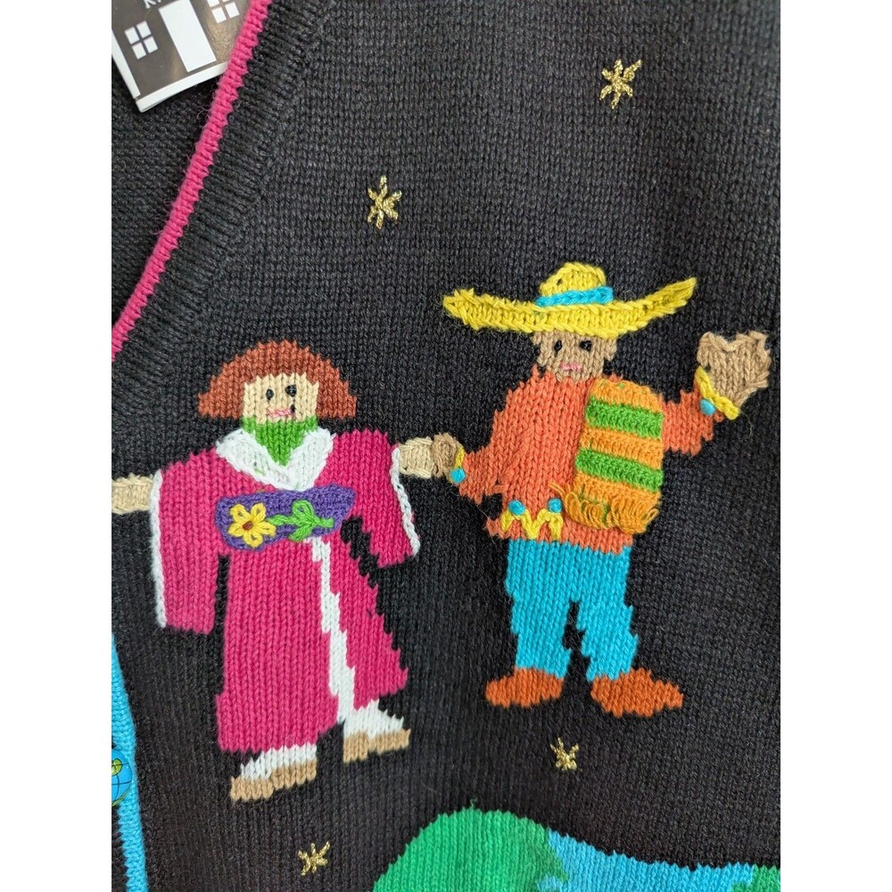 Storybook Knits 2X Cotton Teacher Cardigan Sweater Hands For World Peace NEW - Picture 6 of 11